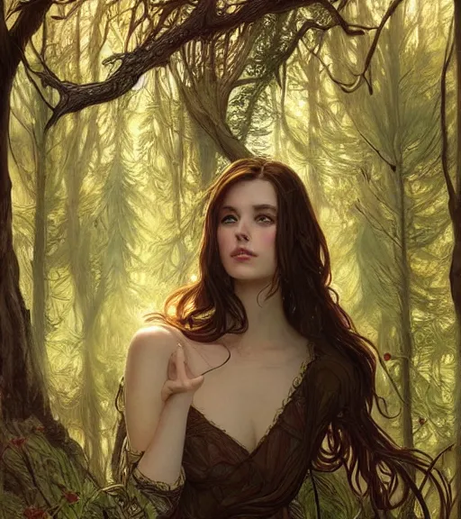 Prompt: beautiful cottagecore brunette woman, intricate, magical forest, stunning, highly detailed, digital painting, artstation, concept art, smooth, sharp, focus, illustration, art by artgerm and greg rutkowski and alphonse mucha