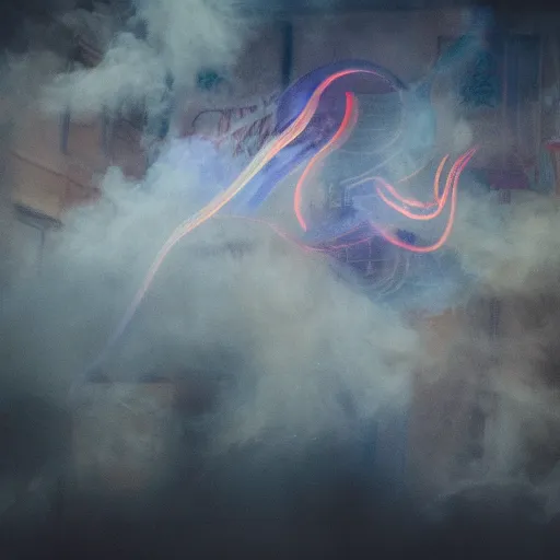 Image similar to dimly lit localized smoke, muted multi-color lapis, muted neon smoke, ground fog, localized smoke with vague feathered outline of fierce flying dragons with large vague outstretched wings, bokeh