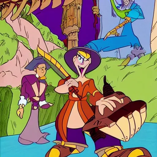 Prompt: The further adventures of Dirk the Daring, of Dragon's Lair, from Don Bluth studios