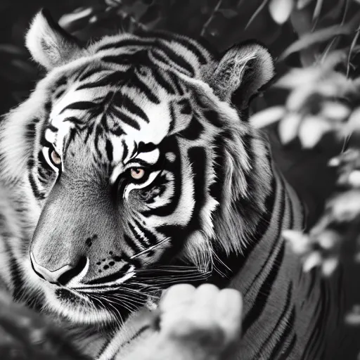 Prompt: woman from rising silent posing with a tiger in a garden, 1 9 2 0 s photography, trending on unsplash, black and white photography, intricately defined, complexly detailed, 4 k photorealism, golden ratio!!!!!, centered!!!!!