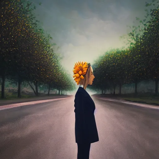 Image similar to giant white daisy flower head, frontal, girl in a suit, standing in street, surreal photography, sunrise, dramatic light, impressionist painting, digital painting, artstation, simon stalenhag