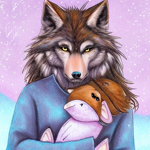 Image similar to aesthetic portrait commission of an anthro anthropomorphic wolf wearing a cute cozy soft pastel winter outfit winter Atmosphere. detailed, inked, western comic book art, award winning painting