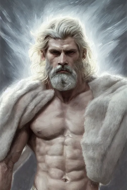 Image similar to painted portrait of rugged zeus, god of thunder, greek god, white hair, masculine, powerful, handsome, luxurious, upper body, white robe, muscular, hairy torso, fantasy, intricate, elegant, highly detailed, digital painting, artstation, concept art, smooth, sharp focus, illustration, art by gaston bussiere and artgerm