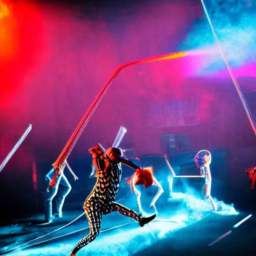 Image similar to Jumping Beetlejuice smashing computers, group of people on stage playing instruments, elaborate stage effects, dust, smoke, giant LED screens, colored projections, ultrafine detail, cybersuit, glowing thin wires, smoke, high contrast, projections, holography, volumetric lighting, cinematography by Jim Jarmusch