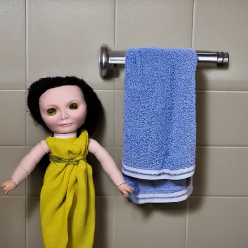 Prompt: a doll tied to a towel rack in the bathroom with a fabric belt