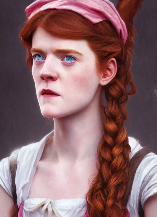 Image similar to portrait Rose Leslie as Pippi Longstocking, full length shot, shining, 8k highly detailed, sharp focus, illustration, art by artgerm, mucha, bouguereau