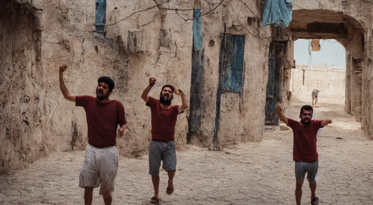 Prompt: a tunisian man, with a brown and shorts hairtcut, screaming at pictures of countries, vivid colors, soft lighting, atmospheric, cinematic, moody, 8 k