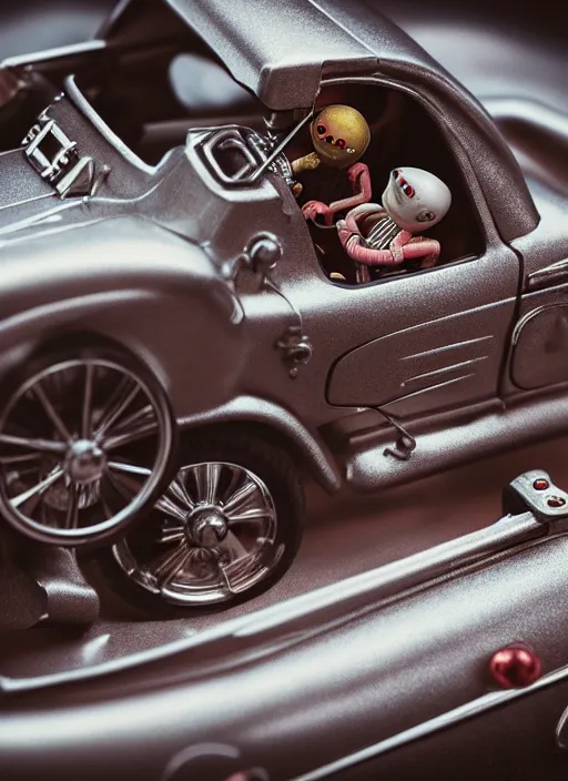 Image similar to highly detailed closeup portrait of a cute tin toy retro racing car, nicoletta ceccoli, mark ryden, lostfish, earl nore, hyung tae, frank frazetta, global illumination, god rays, detailed and intricate environment