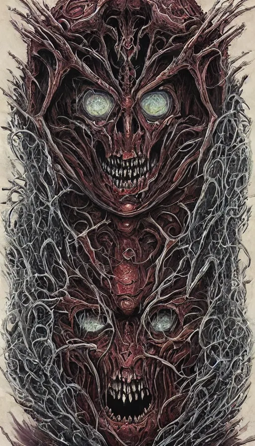 Prompt: Doom themed painting of undead lich symmetrical maniacal evil grin face mask pattern concept, infinity glyph, intricate artwork by, Johnatan Wayshak, Zdizslaw Beksinski, Ayami Kojima, Amano, Karol Bak, Greg Hildebrandt, and Mark Brooks, Neo-Gothic, gothic, rich deep colors, art by Takato Yamamoto, masterpiece, face by Artgerm, H.R. Giger, very coherent artwork, cinematic, hyper realism, high detail, octane render, unreal engine, 8k, High contrast, golden ratio, trending on cgsociety, ultra high quality model, production quality cinema model