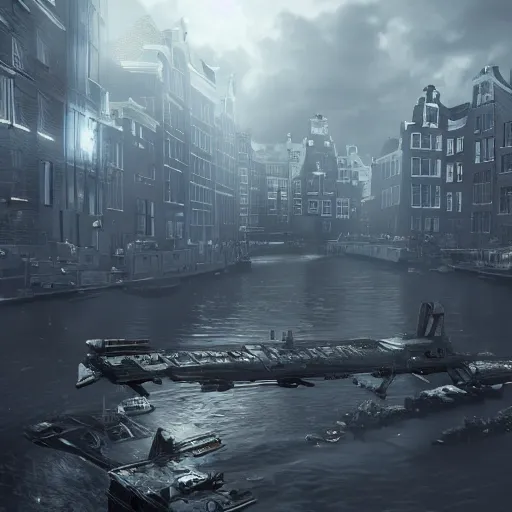 Image similar to Amsterdam during an alien invasion, hyperdetailed, artstation, cgsociety, 8k