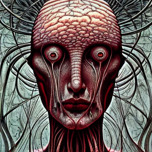 Image similar to insect, blood vessels, dystopian surrealism, art style zdzisław beksinski, giger, symmetry accurate features, very intricate details, high resolution, symmetrical long head, smooth marble surfaces, detailed ink illustration, cinematic smooth stone, deep aesthetic, concept art, carved marble texture silk cloth, latex skin, highly ornate