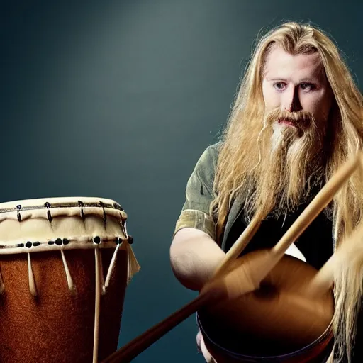 Image similar to award winning photograph of a blonde man with a goatee and long hair plays an amazing drum set, dramatic lighting,