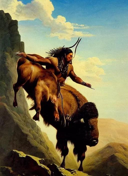 Image similar to beautiful native american riding bison, buffalo, powerful native american warrior, mountain range, beautiful sky, standing on the edge of a cliff, nineteenth century, painted by frazetta