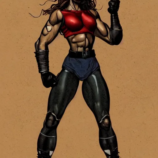 Image similar to a muscular bronze - skinned blue - eyed woman fighter, wearing a black cropped tank top, military pants, brown boots, wrapped arms, tribal tattoo on the right arm, wavy big red hair, 8 0's hairstyle, red gorgeous lips, highly detailed, cool action pose, mike mignola, trending on art station, illustration, comic book