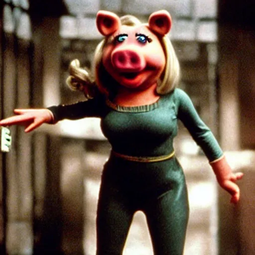 Image similar to movie still of miss piggy starring as trinity in the matrix 1 9 9 9 movie