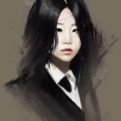 Image similar to portrait of a beautiful korean girl wearing a men's tuxedo, with bangs, very long hair and bangs, angular features, angry expression, dramatic lighting, illustration by Greg rutkowski, yoji shinkawa, 4k, digital art, concept art, trending on artstation