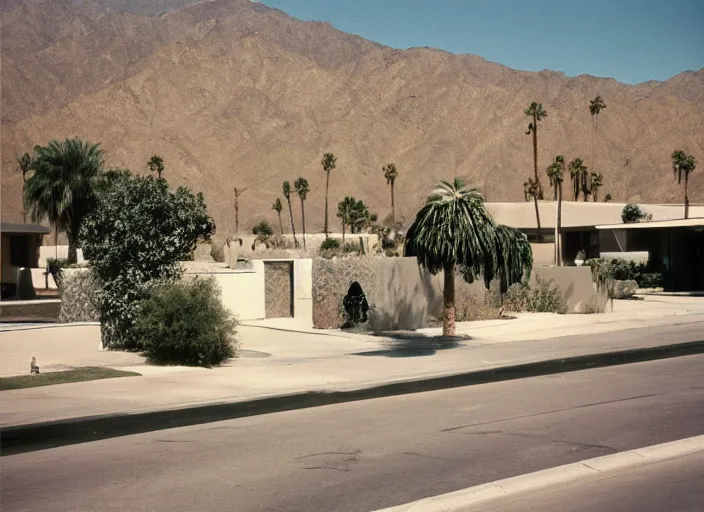 Prompt: a detailed photograph of 1 9 7 0 s palm springs neighborhood by slim aarons, photoreal, minimal, getty images, 4 k