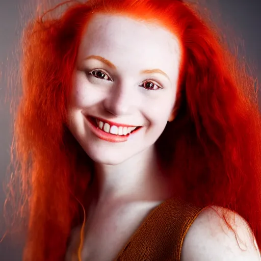 Image similar to artistic photo of a young beautiful woman with red hair looking at the camera, smiling slightly, studio lighting, award winning photo by Annie Liebowitz