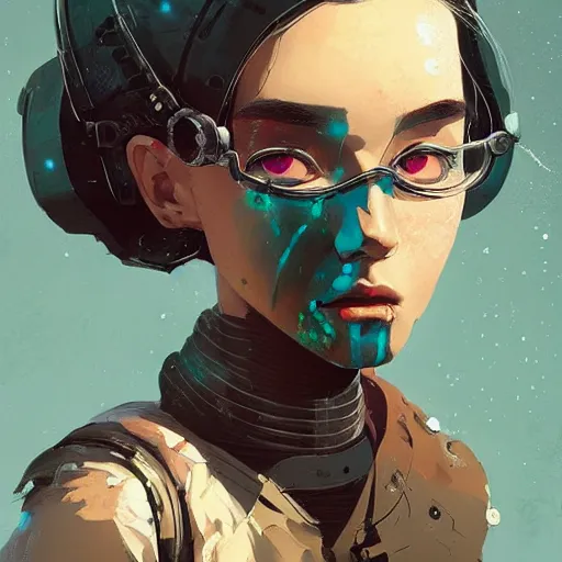 Image similar to Highly detailed portrait of a cyberpunk young lady with, freckles and wavy hair by Atey Ghailan, by Loish, by Bryan Lee O'Malley, by Cliff Chiang, by Greg Rutkowski, inspired by image comics, inspired by graphic novel cover art, inspired by nier!! Gradient color scheme ((grafitti tag brick wall background)), trending on artstation