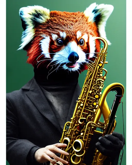 Image similar to a portrait of an anthropomorphic cyberpunk single red panda playing a saxophone by sandra chevrier, by jon foster, detailed render, tape deck, epic composition, cybernetics, 4 k realistic, cryengine, realistic shaded lighting, sharp focus, masterpiece, by enki bilal