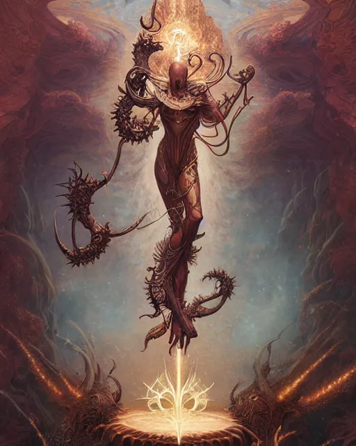 Prompt: the ace of wands tarot card, fantasy composition made of fractals, ultra realistic, wide angle, intricate details, the fifth element artifacts, highly detailed by peter mohrbacher, hajime sorayama, wayne barlowe, boris vallejo, aaron horkey, gaston bussiere, craig mullins