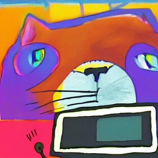 Image similar to computer monitor with a cat stuck inside, surreal, colorful, Ralph Bakshi