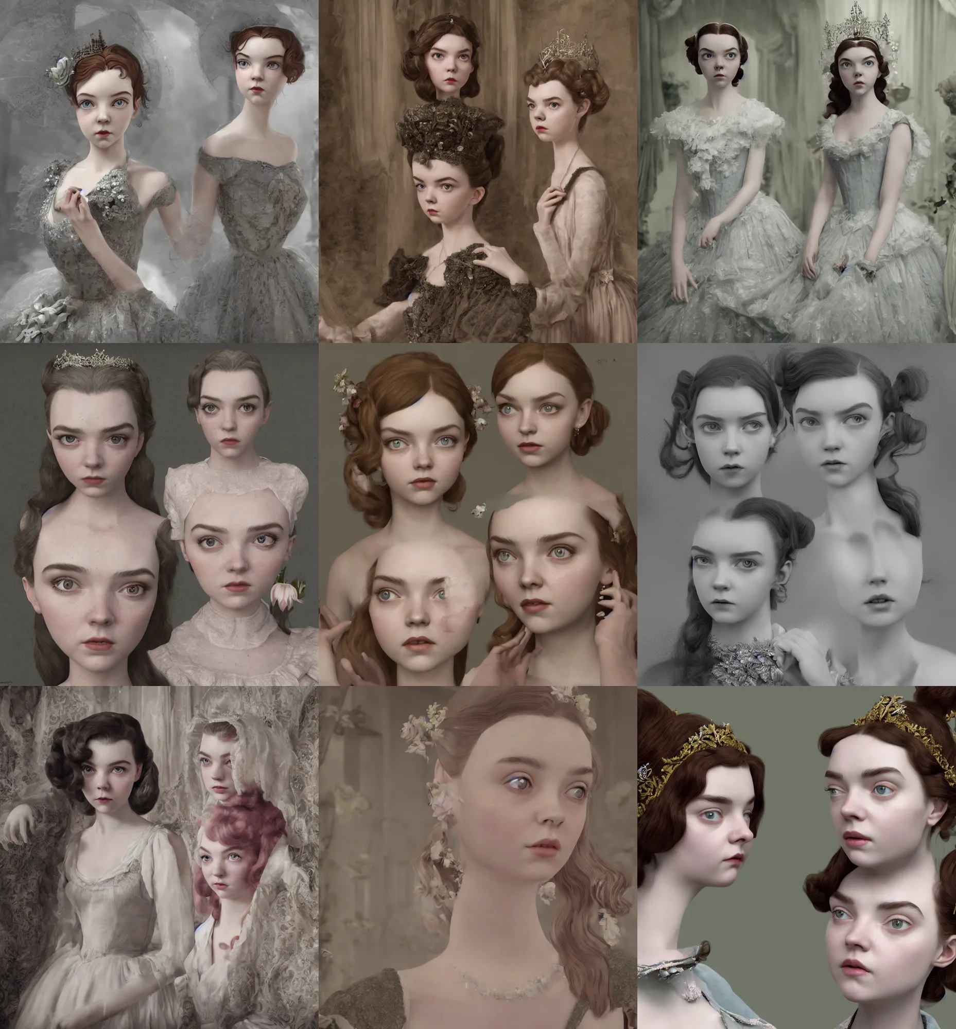 Image similar to a mix of of lily cole anya taylor - joy and audry hepburn, tiara, 1 8 th century manor, hyperrealism photorealism, 8 k, hdr, unreal engine 5, octane render, photorealistic, extremely detailed, intricate, in the style of mark ryden, lostfish, earl nore, hyung tae, frank frazetta