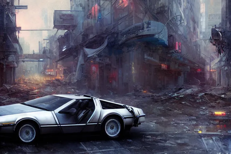 Image similar to photograph of the delorean driving down the streets of a cyberpunk abandoned city, by greg rutkowski, by stanley artgerm, by alphonse mucha