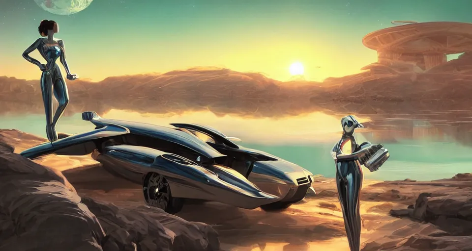 Prompt: a decadent futuristic sportscar designed by pinifarina and a female robot holding a bazooka at a lake in ancient greece, hdr, hyperrealistic, photorealistic, bokeh, volumetric lighting, sunrise background, production i. g. studios syd mead style