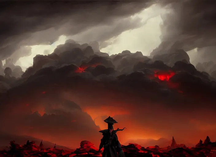 Image similar to a photorealistic shadow demon appears in the storm clouds above, hellish forest of death landscape at night, rule of thirds, digital painting by sargent and leyendecker, fantasy, medium shot, intricate, matte painting, crimson gradient, dynamic lighting, by greg rutkowski and greg tocchini and james gilleard and joe fenton and greg manchess