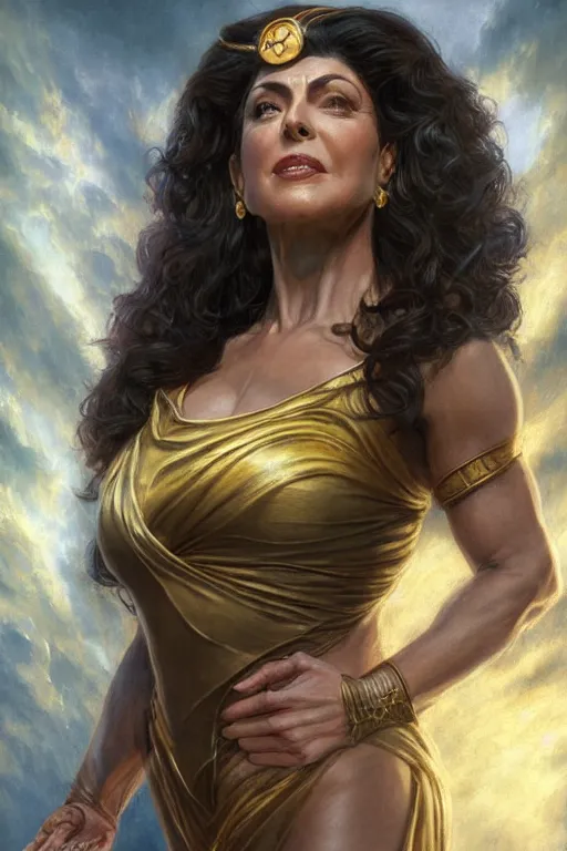 Prompt: Deanna Troi as a Goddess, Highly Detailed anatomy, only two hands, highly detailed, digital painting, artstation, concept art, smooth, sharp focus, illustration, Unreal Engine 5, 8K, art by art by artgerm and greg rutkowski and edgar maxence