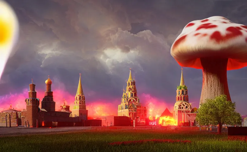 Image similar to ultra realistic picture of a big nuclear explosion with realistic nuclear mushroom in Red Square Kremlin, volumetric lighting, clouds and lightnings, cinematic, extremely high detail, photo realistic, cinematic lighting, post processed, artstation, matte painting, unreal engine 5, 8k