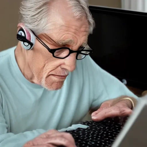 Image similar to A colored colorized real screenshot of Jerma985 as an elderly guy streaming on his computer while wearing headphones, taken in the early 2020s, taken on a 2010s Camera, realistic, hyperrealistic, very realistic, very very realistic, highly detailed, very detailed, extremely detailed, detailed, digital art, trending on artstation, headshot and bodyshot, detailed face, very detailed face, very detailed face, real, real world, in real life, realism, HD Quality, 8k resolution, intricate details, colorized photograph, colorized photon, body and headshot, body and head in view