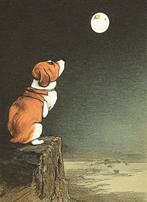 Image similar to candid portrait of jack russel dog looking up barking at the moon, from behind, night sky, highly detailed, illustrated by peggy fortnum and beatrix potter and sir john tenniel