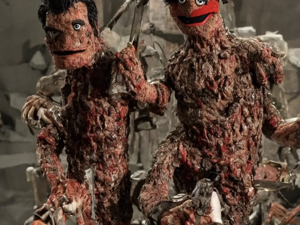 Image similar to Bruce Campbell as Ash in Muppets Evil Dead