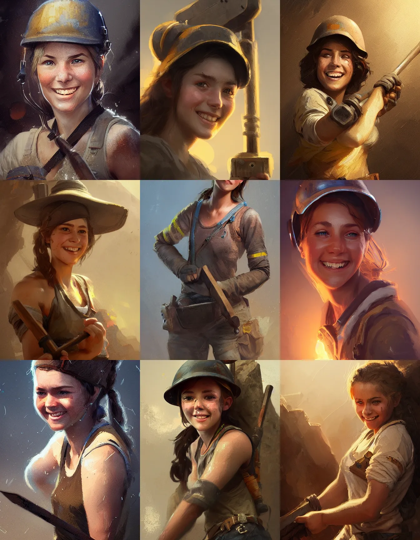 Prompt: young female miner, pickaxe, smiling, digital portrait by greg rutkowski, intricate, soft focus, highly detailed, cinematic, epic, artstation