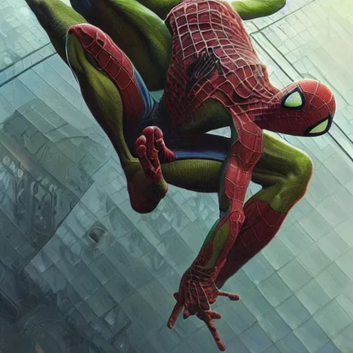 Image similar to ultra realistic illustration, wide angle shot, kermit as spider man, intricate, elegant, highly detailed, digital painting, artstation, concept art, smooth, sharp focus, by artgerm and greg rutkowski and alphonse mucha