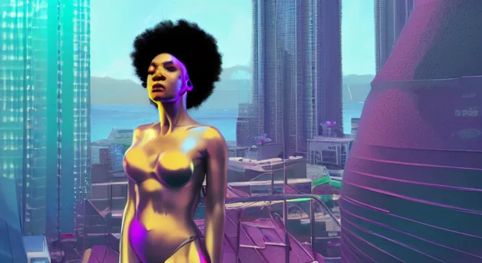 Image similar to portrait of beautiful cyberpunk black woman with afro hair, rio de janeiro pao de acucar corcovado ipanema on the background, blue and purple digital art trending on artstation, beeple, soft lighting, bokeh