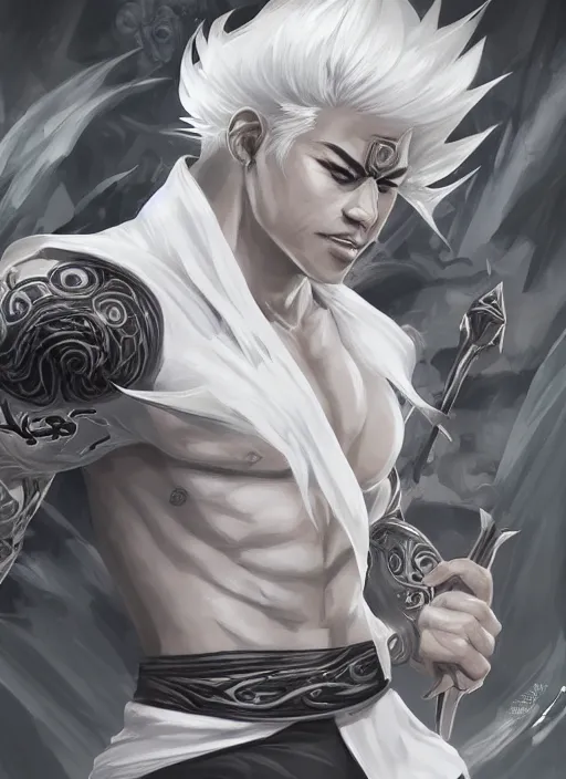 Prompt: a highly detailed illustration of white haired fierce asian man with short white hair parted down middle, wearing white kimono with black shirt, with black sclera eyes, heroically battle posing, muscular, intricate, elegant, highly detailed, centered, digital painting, artstation, concept art, smooth, sharp focus, league of legends concept art, WLOP