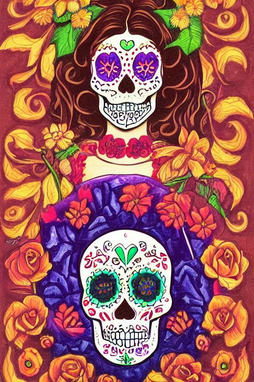 Prompt: Illustration of a sugar skull day of the dead girl, art by paul ranson