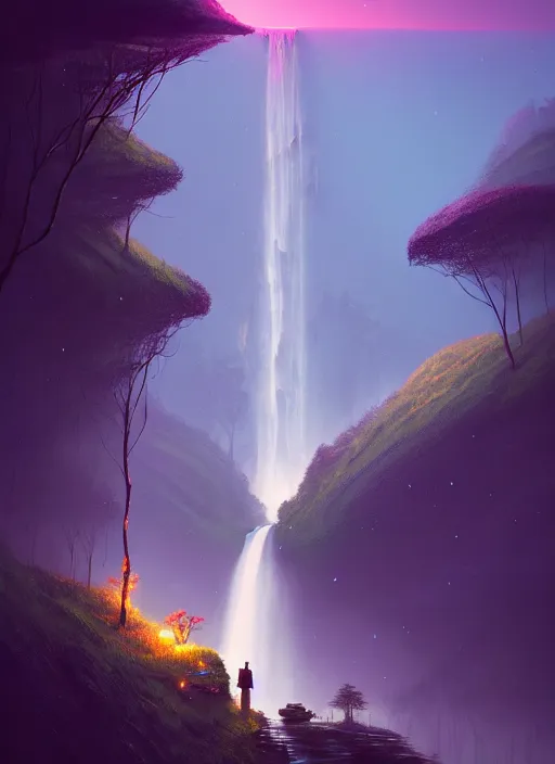 Image similar to a long capture photo of a magical waterfall, high cliff, night, stars in the sky cinematic lighting, insanely detailed, intricate, artstation, cgsociety, painted by Simon Stalenhag, concept art, illustration, sharp focus,Gediminas Pranckevicius