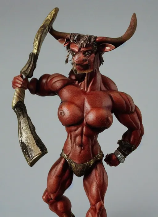 Prompt: Images on the store website, eBay, Full body, Miniature of a very muscular female minotaur warrior