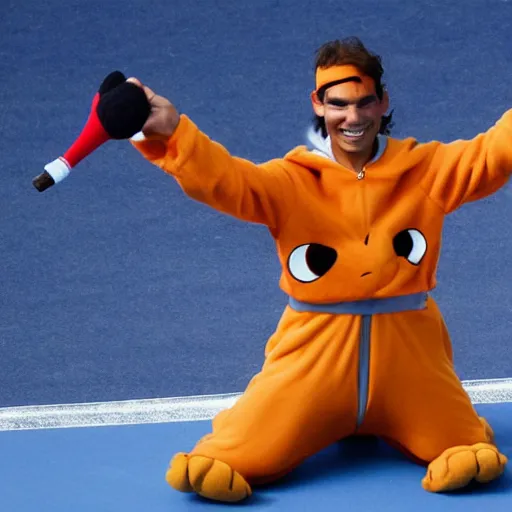 Image similar to rafael nadal posing wearing a charizard costume