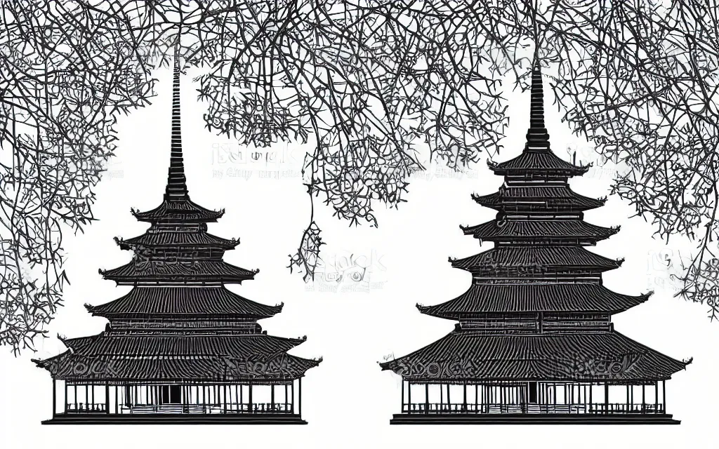 Prompt: large chinese buddhist pagoda in park, vector art, minimalism,