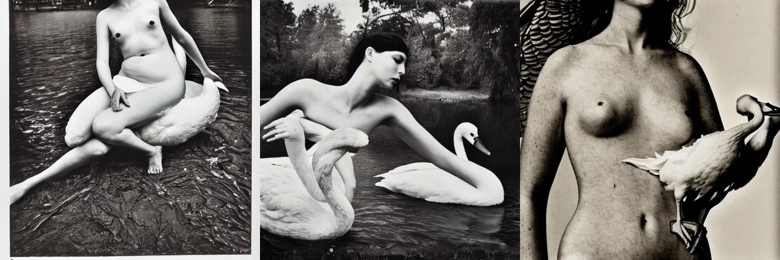 Prompt: a picture of leda and the swan by bettina rheims. 5 0 mm, highly intricate, black and white, contrasted, award winning photography