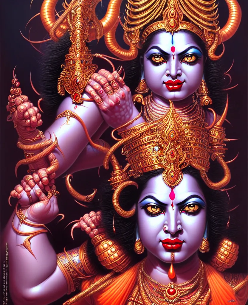 Image similar to beautiful hindu goddess kali fantasy character portrait, close - up, ultra realistic, intricate details, the fifth element artifacts, highly detailed by peter mohrbacher, hajime sorayama, wayne barlowe, boris vallejo, aaron horkey, gaston bussiere, craig mullins