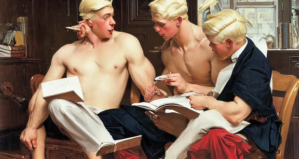 Image similar to A painting of a pale strong muscular gentleman reading a book to his blond male beloved, with beautiful long platinum blond hair, by Leyendecker and Norman Rockwell