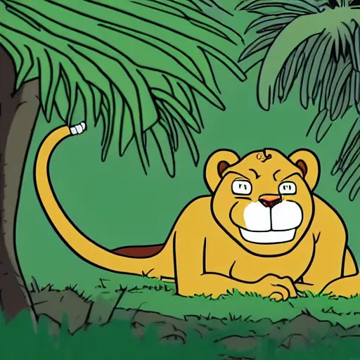 Prompt: Lion smiling in the jungle cartoon futurama style