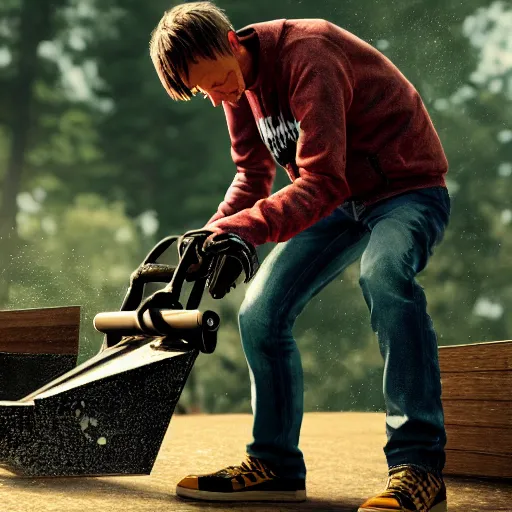 Image similar to tony hawk crying, he is stuck feetfirst in a woodchipper, photograph, hyper realistic, outdoors, midafternoon, 4 k, artstation, unreal engine, cinematic