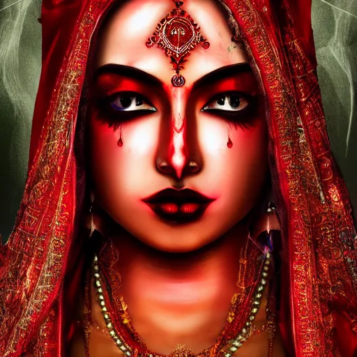 Image similar to beautiful Hindu lady of the dark with veil, in darkness, cover with a lot of red water, horror terrifying, surreal realistic, photorealistic, hyper details, full HD, 8k!